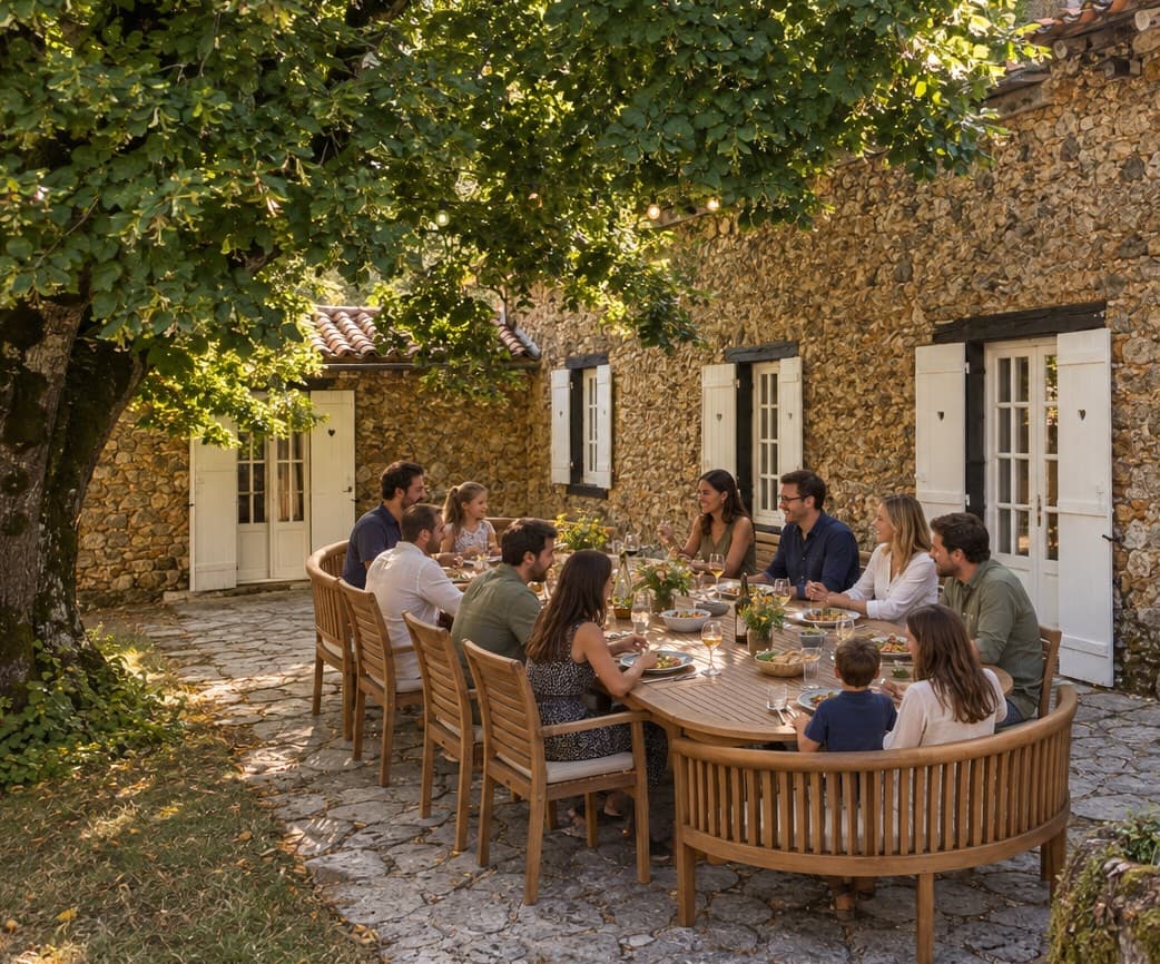 Dinner at the long table in the Clos courtyard, beneath the tree and its string lights, with the stone houses behind.